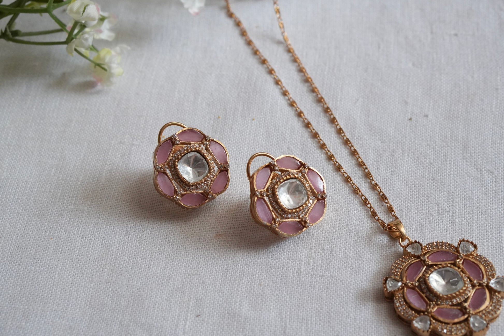 Light Pink Stone Polki Pendant Set  (4-9036)(B) - JEWELSTYLE