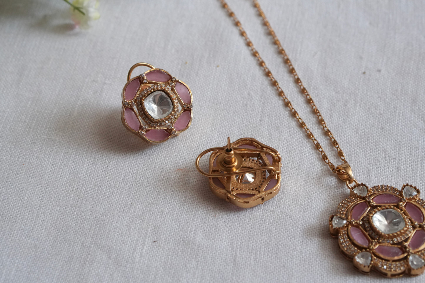 Light Pink Stone Polki Pendant Set  (4-9036)(B) - JEWELSTYLE