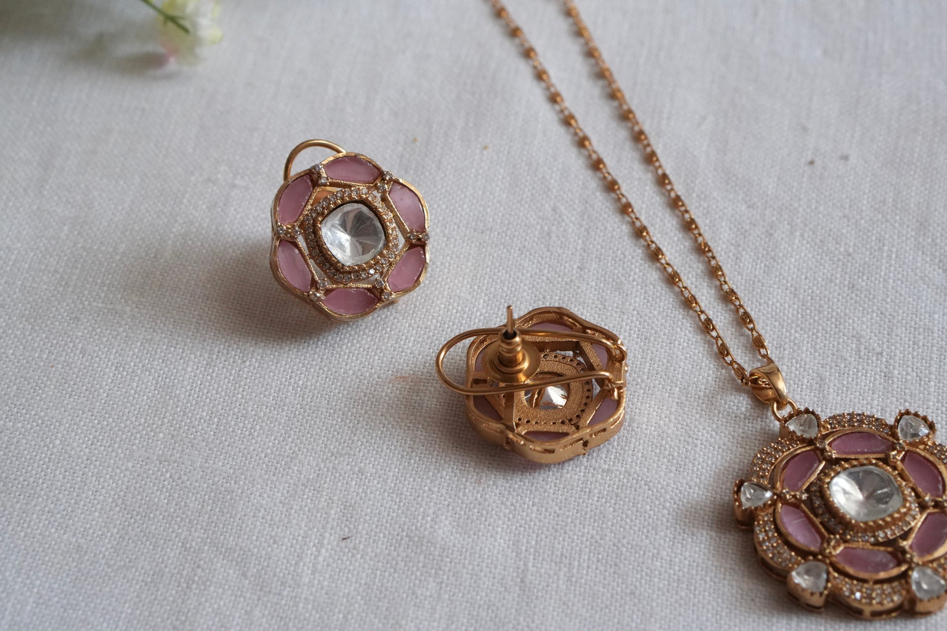 Light Pink Stone Polki Pendant Set  (4-9036)(B) - JEWELSTYLE