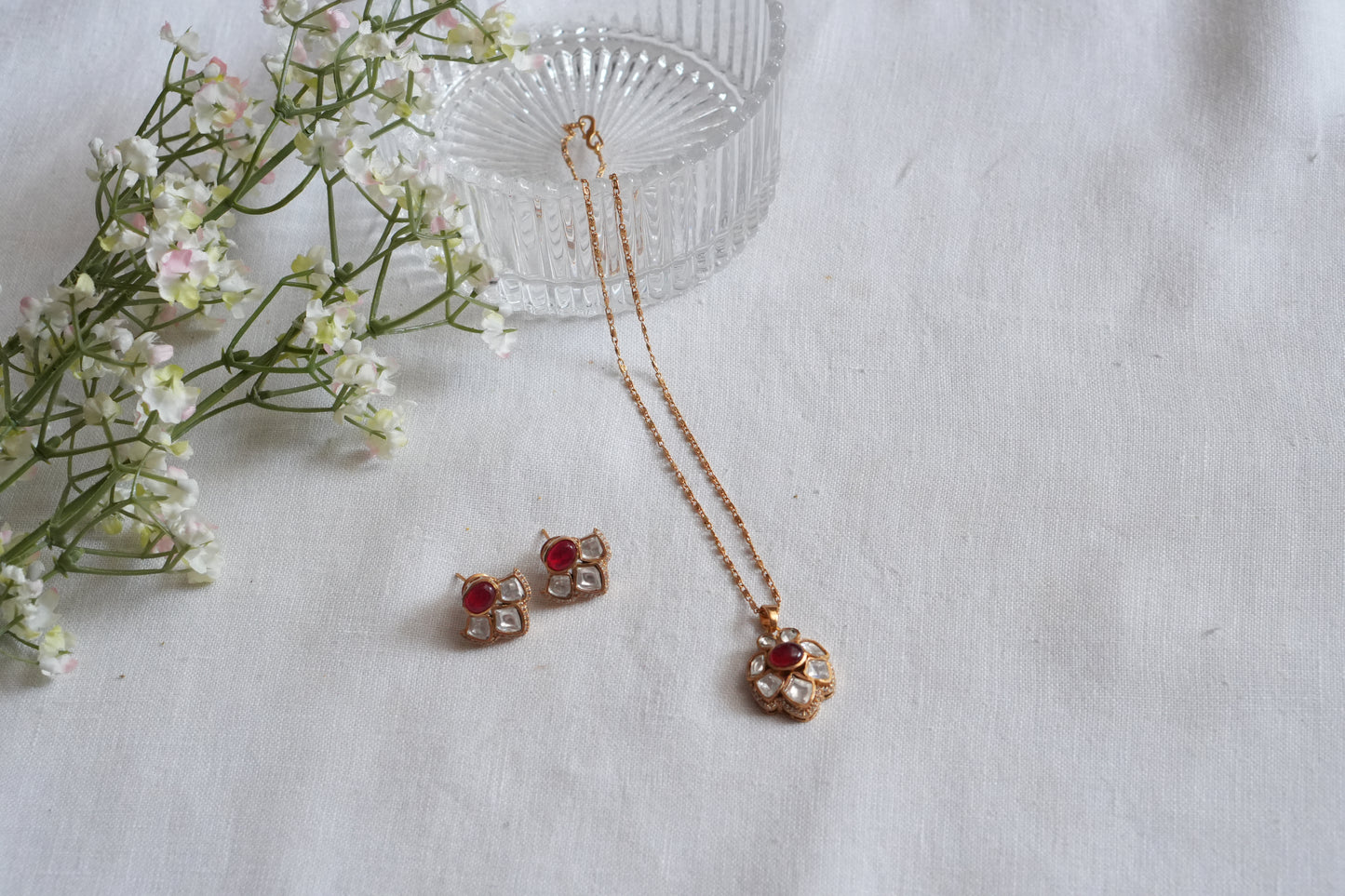 Red Stone Polki Pendant Set  (4-9037)(B) - JEWELSTYLE