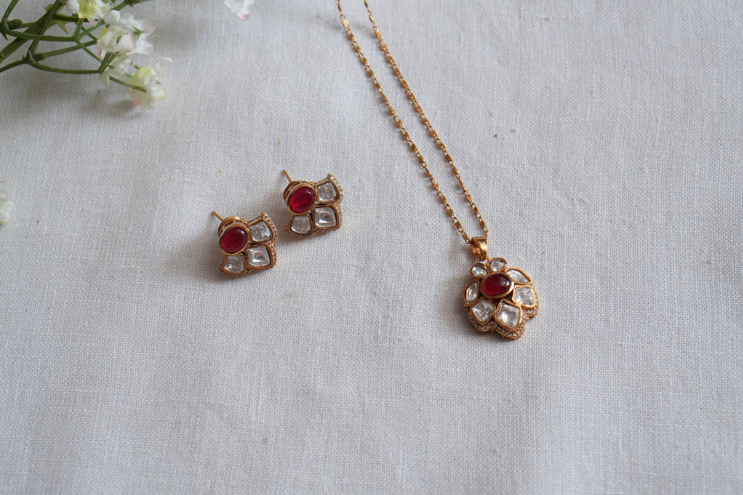 Red Stone Polki Pendant Set  (4-9037)(B) - JEWELSTYLE