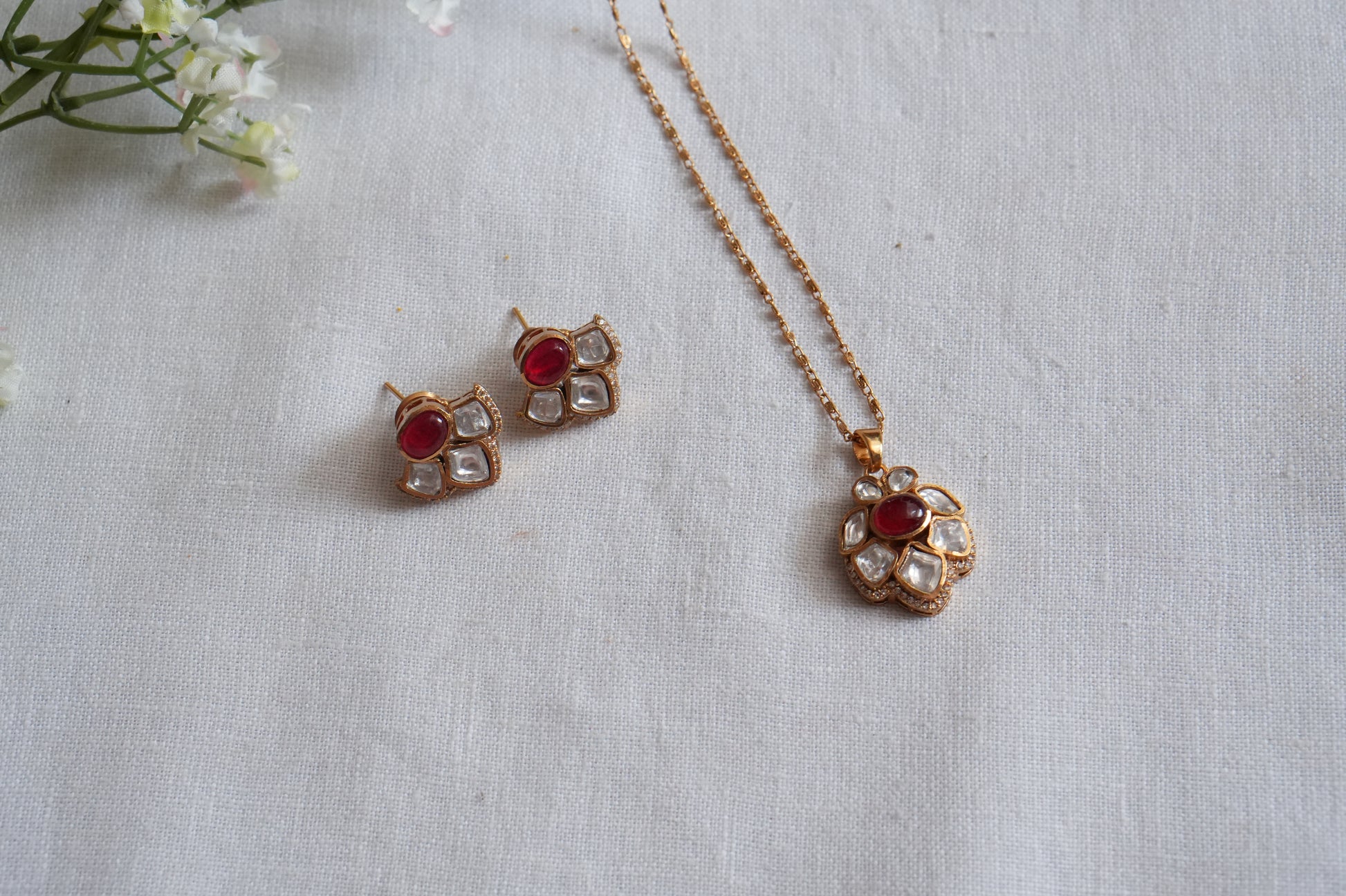 Red Stone Polki Pendant Set  (4-9037)(B) - JEWELSTYLE