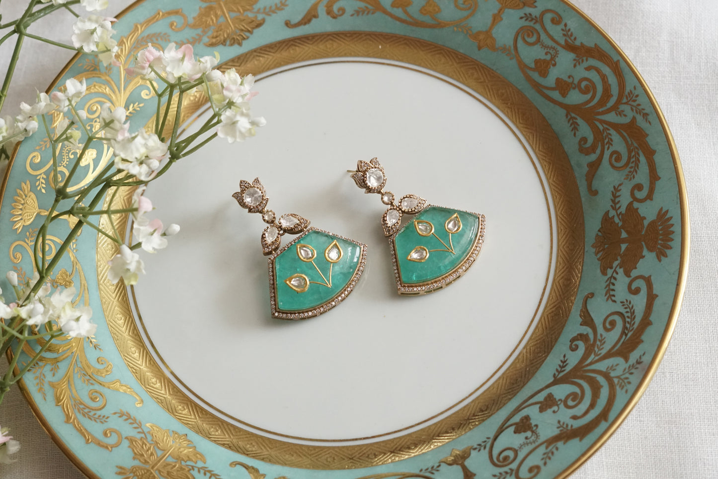 Mint stone polki earrings (1-5185)(B)