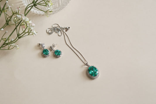 Aqua & white Stone Pendant set (4-9188)(B)(From Turkey) - JEWELSTYLE