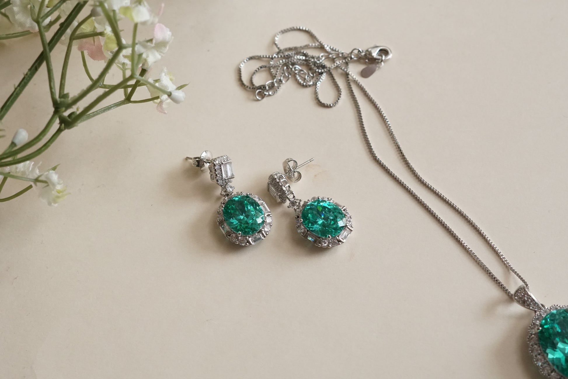 Aqua & white Stone Pendant set (4-9188)(B)(From Turkey) - JEWELSTYLE