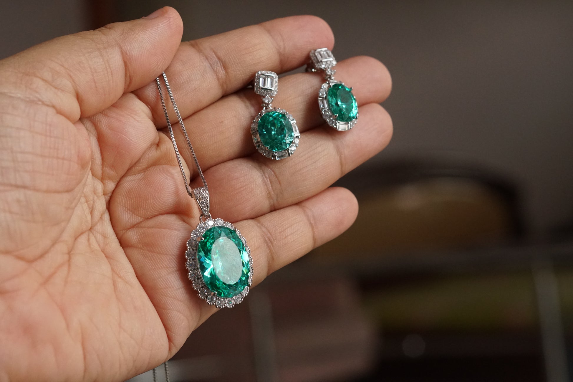 Aqua & white Stone Pendant set (4-9188)(B)(From Turkey) - JEWELSTYLE