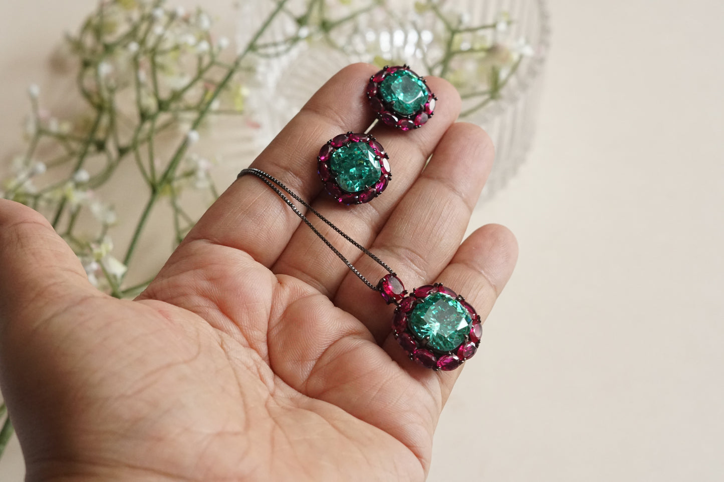 Ruby & Aqua Stone Pendant set (4-9189)(B)(From Turkey) - JEWELSTYLE