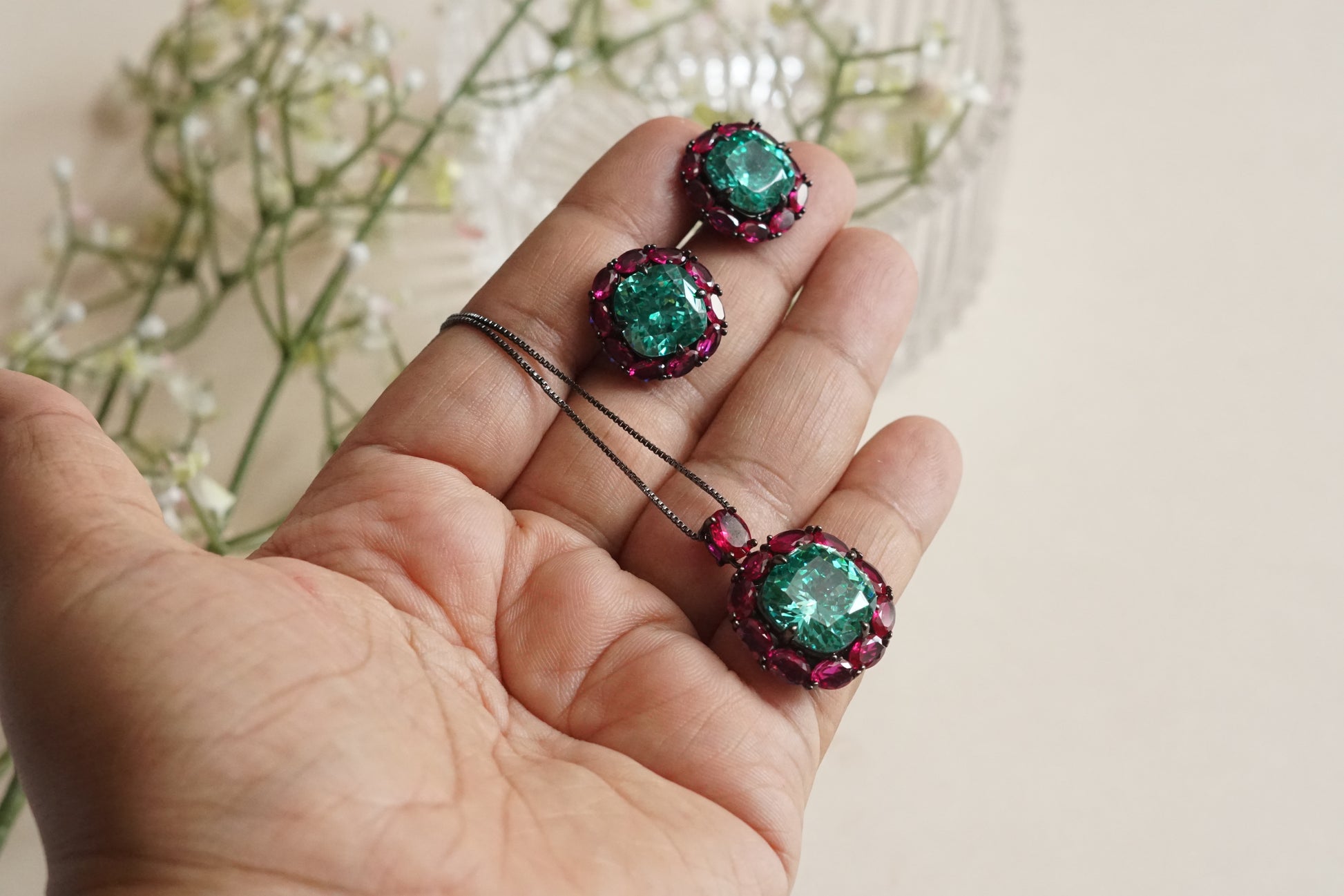 Ruby & Aqua Stone Pendant set (4-9189)(B)(From Turkey) - JEWELSTYLE