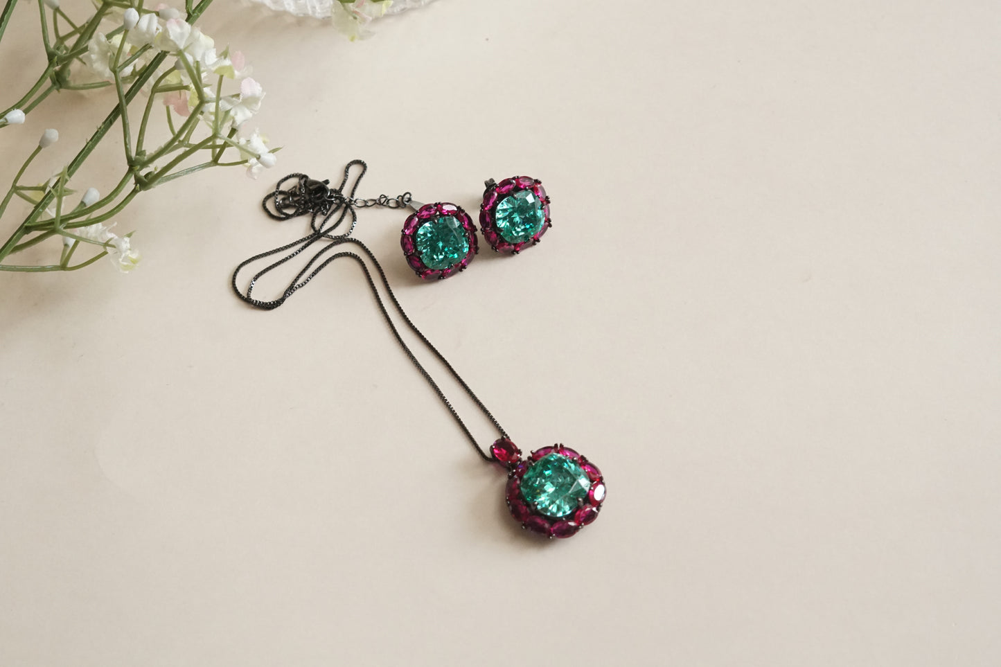 Ruby & Aqua Stone Pendant set (4-9189)(B)(From Turkey) - JEWELSTYLE