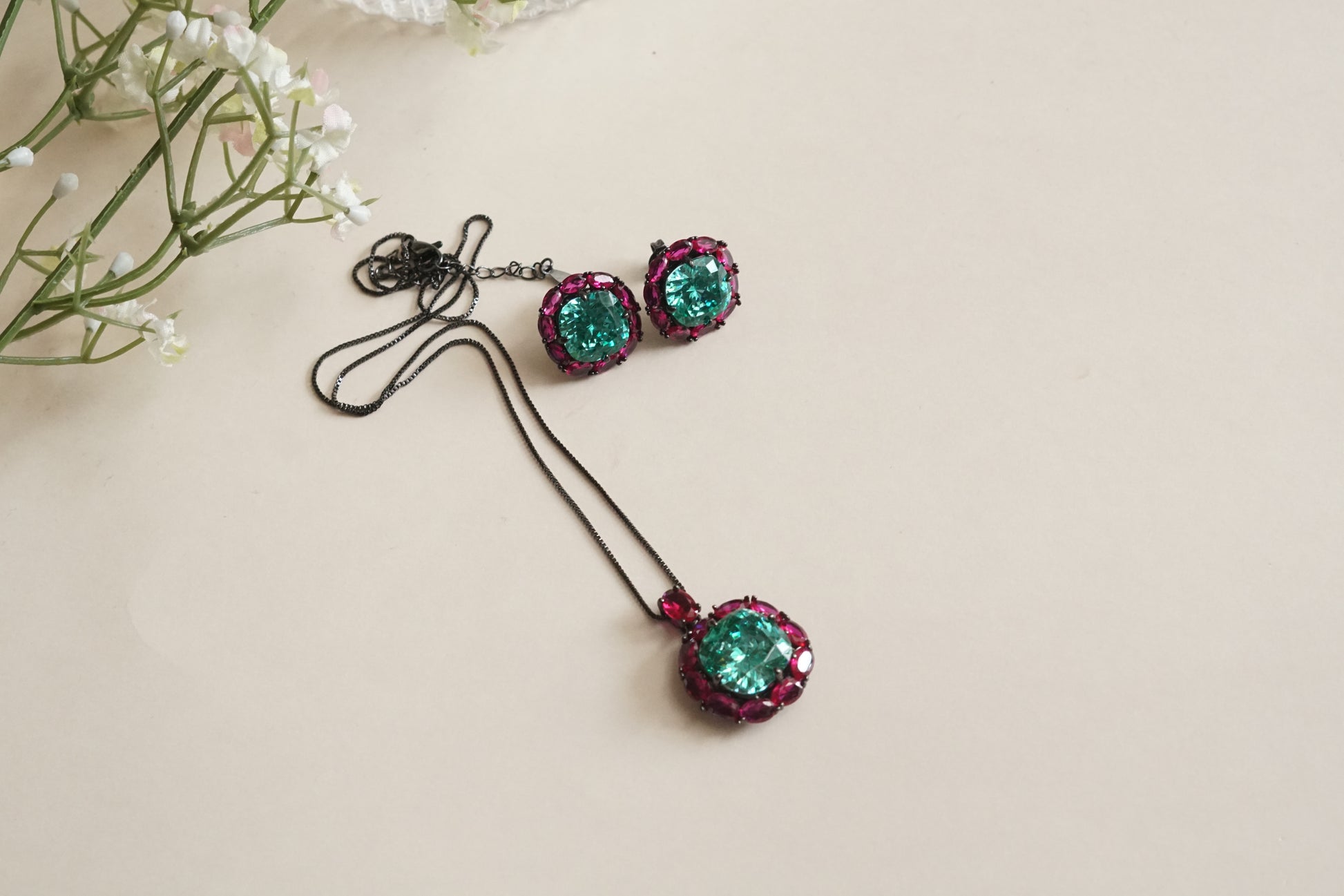 Ruby & Aqua Stone Pendant set (4-9189)(B)(From Turkey) - JEWELSTYLE