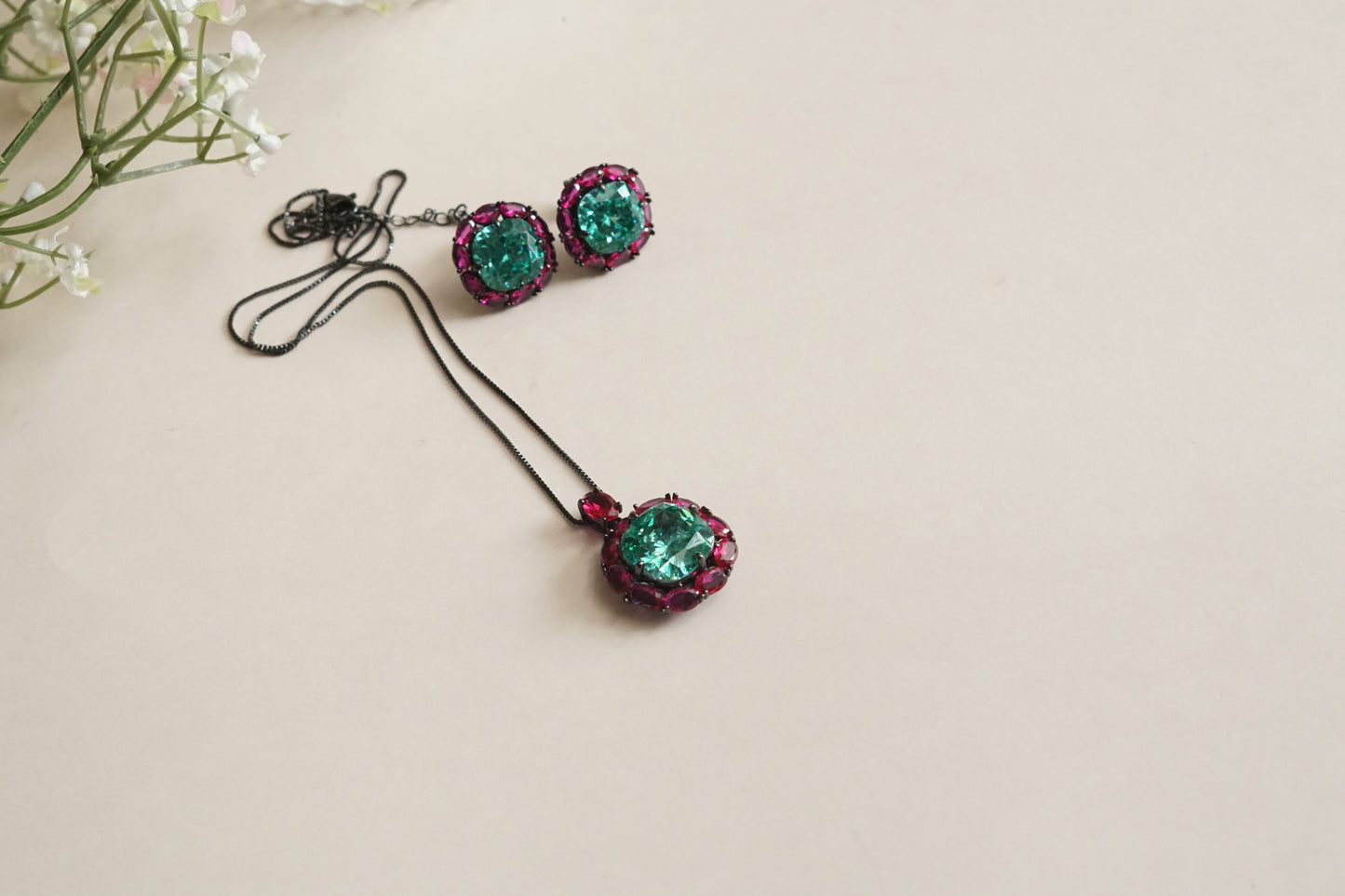 Ruby & Aqua Stone Pendant set (4-9189)(B)(From Turkey) - JEWELSTYLE