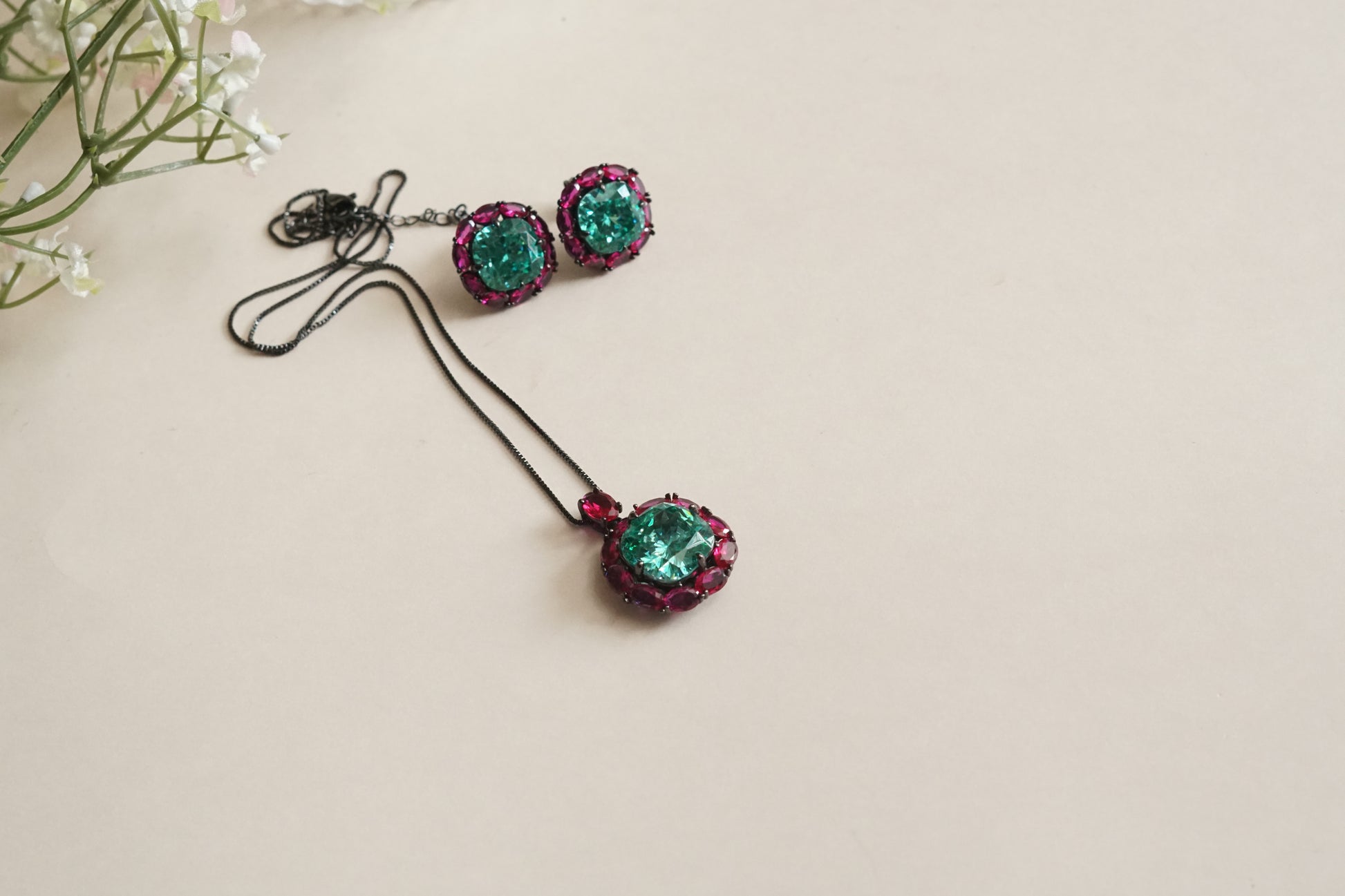 Ruby & Aqua Stone Pendant set (4-9189)(B)(From Turkey) - JEWELSTYLE
