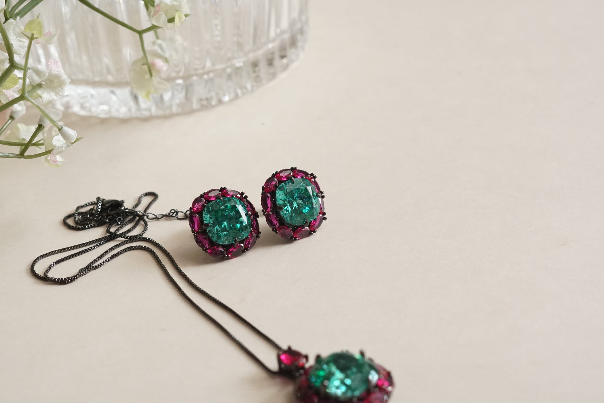 Ruby & Aqua Stone Pendant set (4-9189)(B)(From Turkey) - JEWELSTYLE