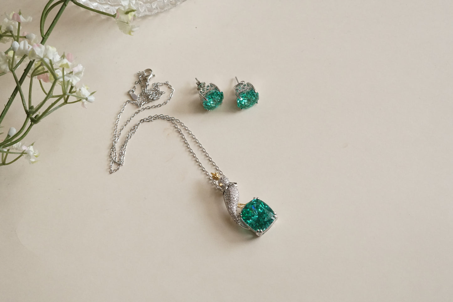 Aqua & white Stone Pendant set (4-9190)(B)(From Turkey) - JEWELSTYLE