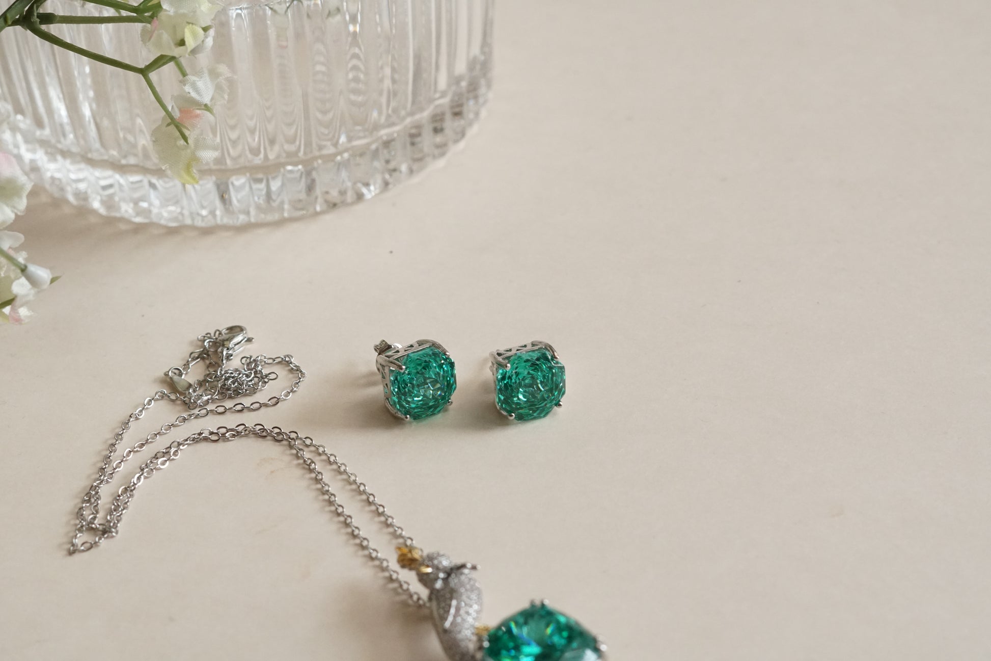 Aqua & white Stone Pendant set (4-9190)(B)(From Turkey) - JEWELSTYLE
