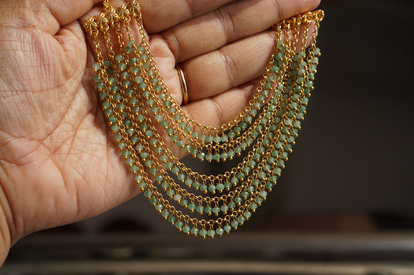 Green 5 line Beads EarChain (9-210)(N)