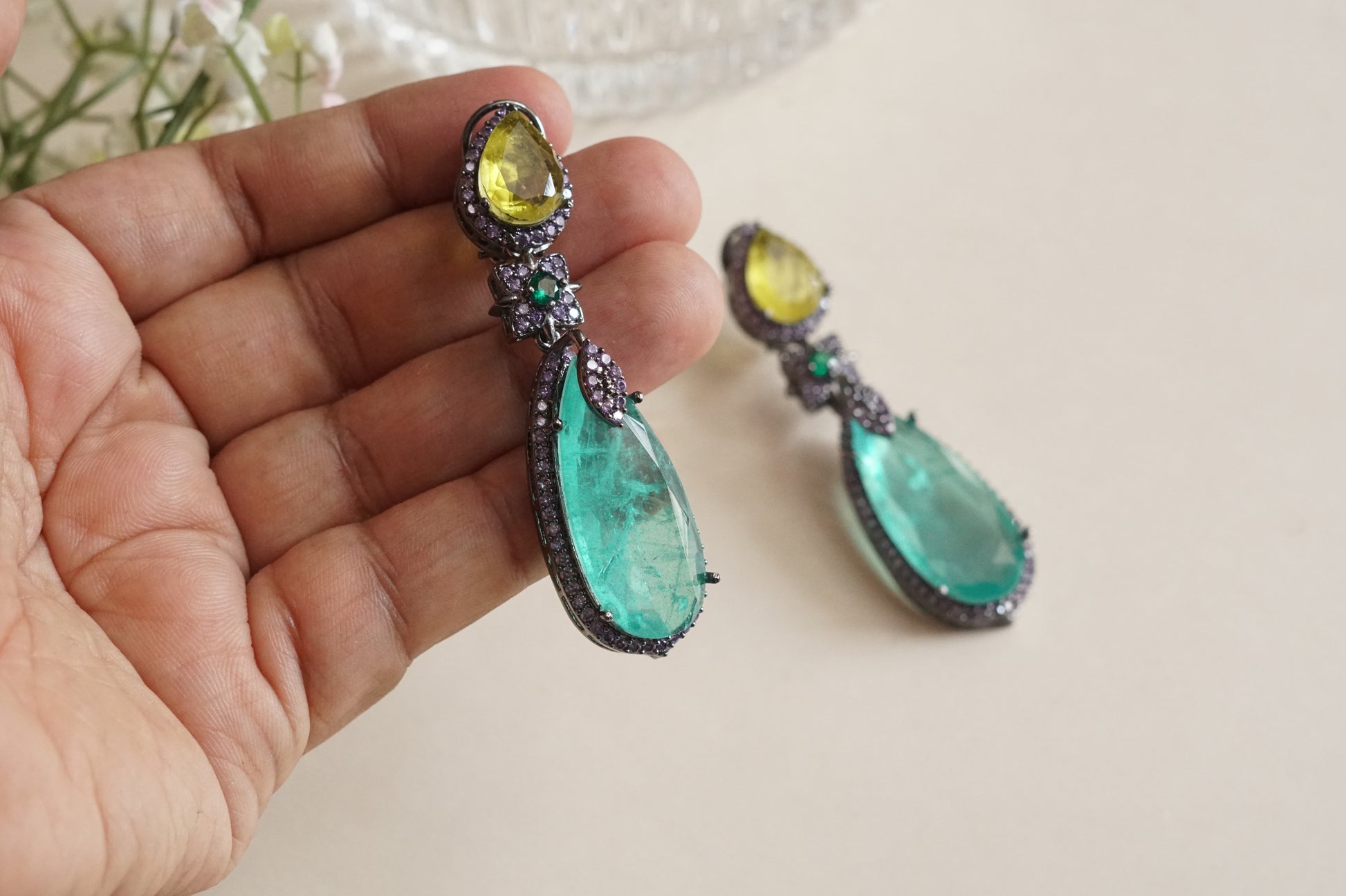 Yellow n Green stone earrings (1-5192-1)(B) - JEWELSTYLE