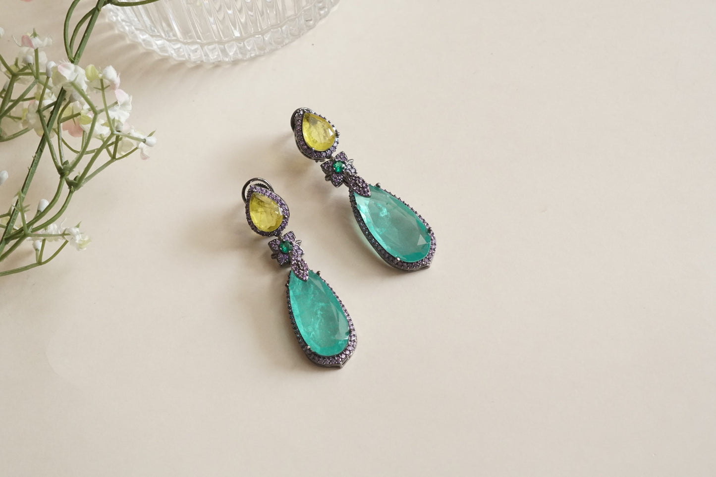 Yellow n Green stone earrings (1-5192-1)(B) - JEWELSTYLE