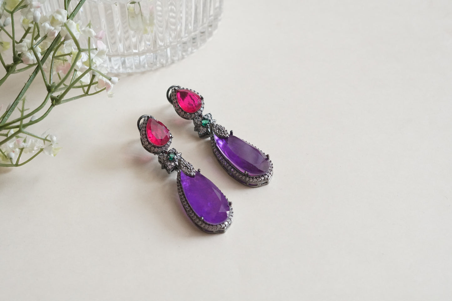 Pink n purple stone earrings (1-5203)(B)(From Turkey)