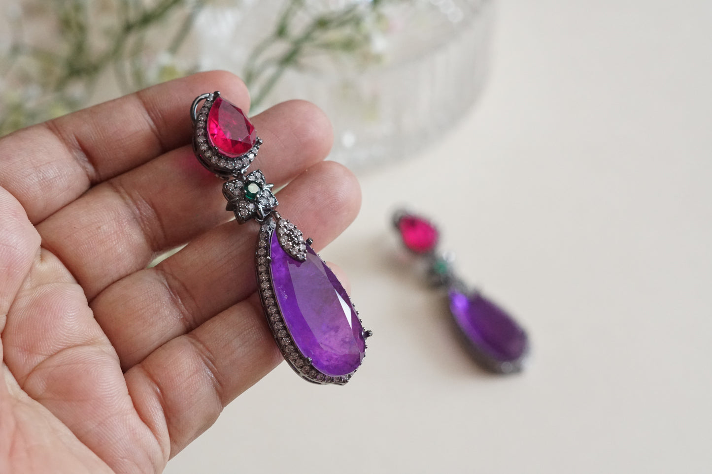 Pink n purple stone earrings (1-5203)(B)(From Turkey)