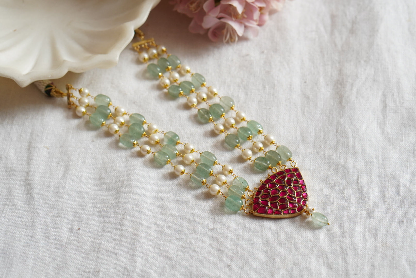 Pink kundan Pendant necklace (4-7820)(R) - JEWELSTYLE