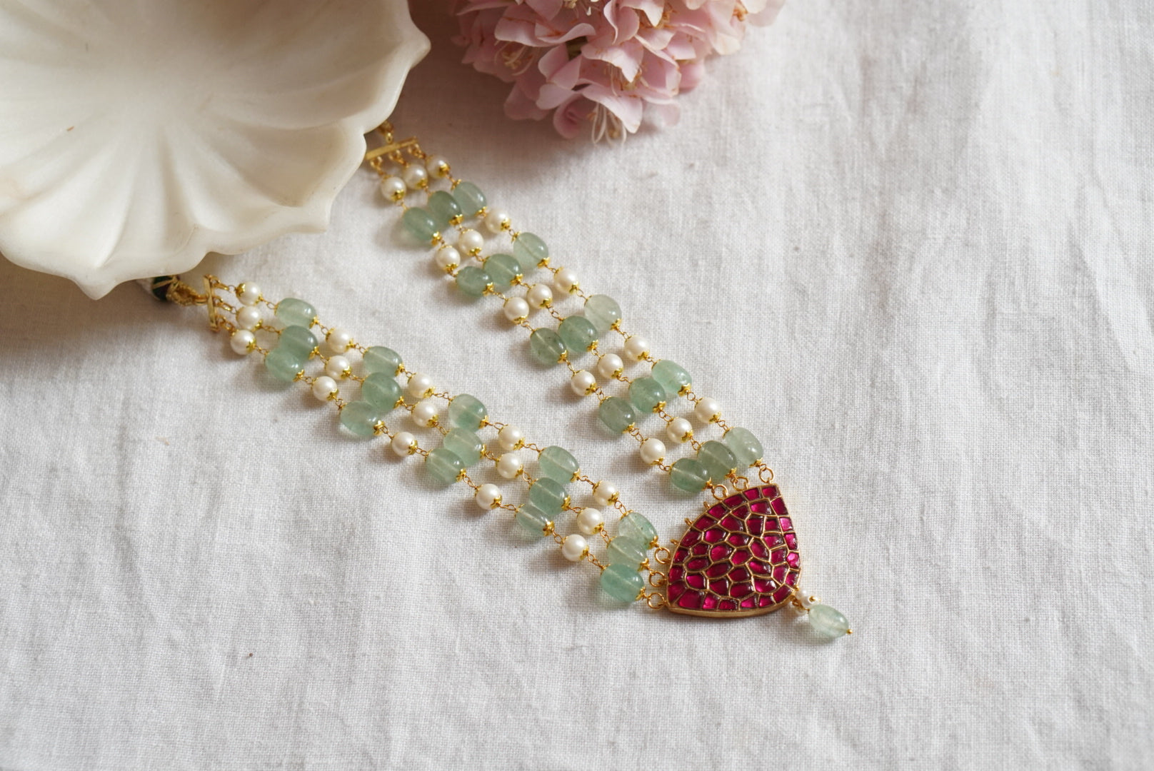 Pink kundan Pendant necklace (4-7820)(R) - JEWELSTYLE