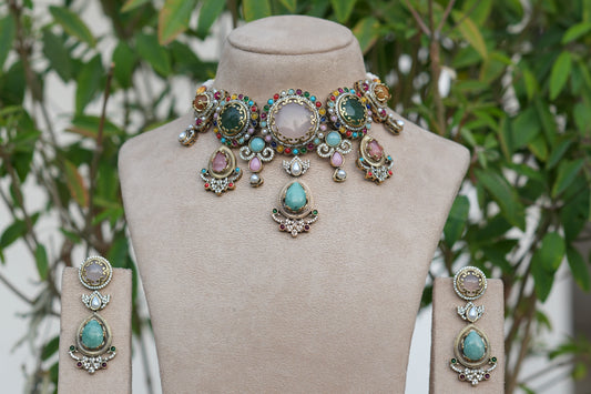 Multi Stone Polki Choker Set (4-9086)(B)