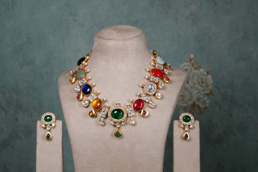 Navratan Kundan Necklace Set (4-9092)(R) - JEWELSTYLE