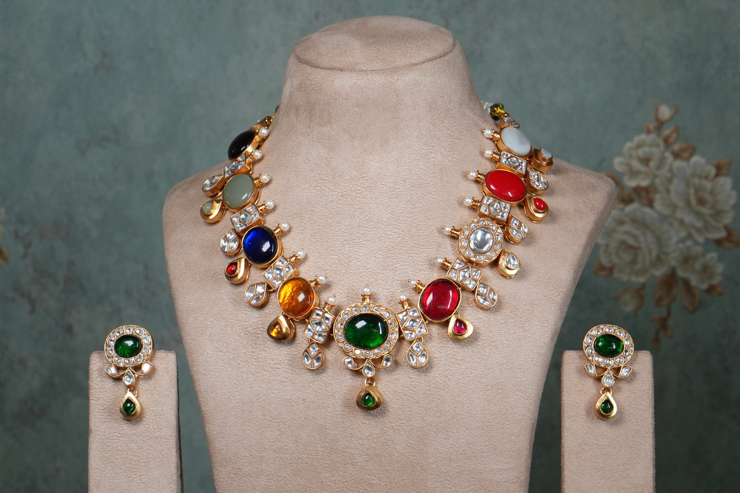 Navratan Kundan Necklace Set (4-9092)(R) - JEWELSTYLE