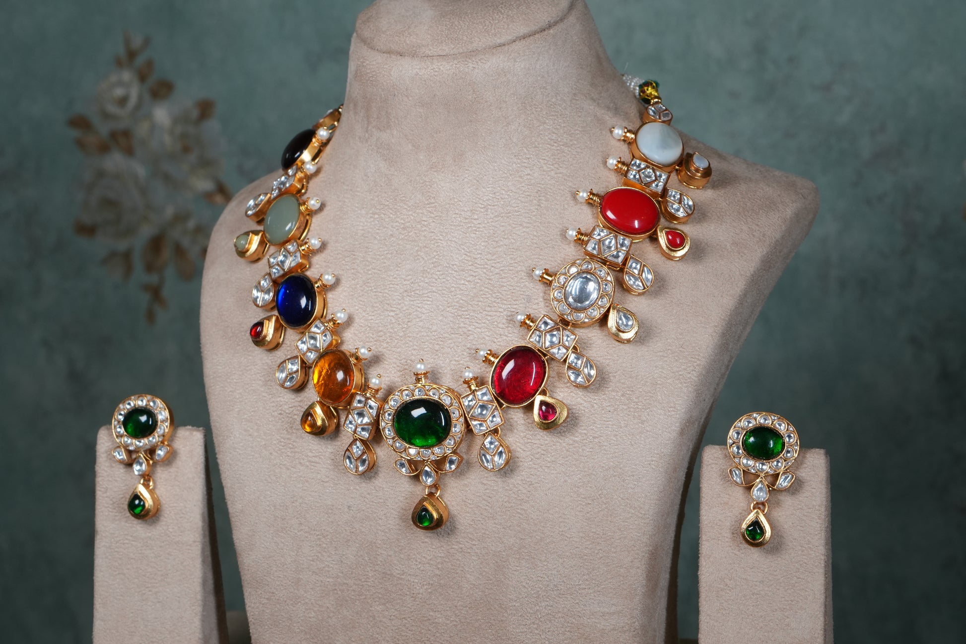 Navratan Kundan Necklace Set (4-9092)(R) - JEWELSTYLE