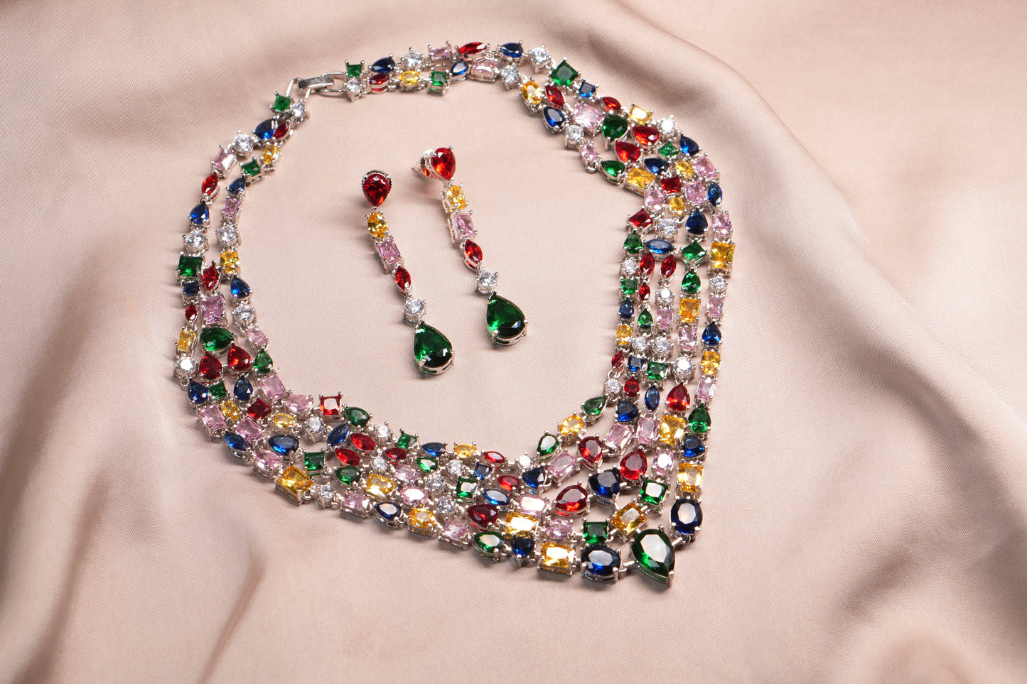 Multi Stone AD Necklace Set  (4-9096)(B) - JEWELSTYLE