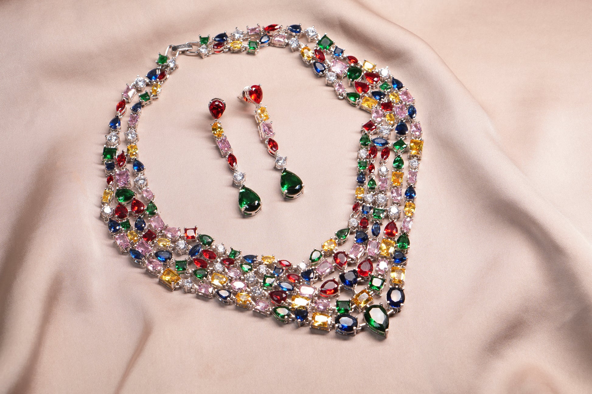 Multi Stone AD Necklace Set  (4-9096)(B) - JEWELSTYLE