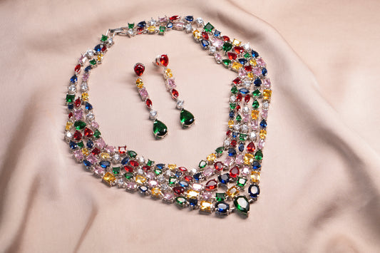 Multi Stone AD Necklace Set  (4-9096)(B) - JEWELSTYLE