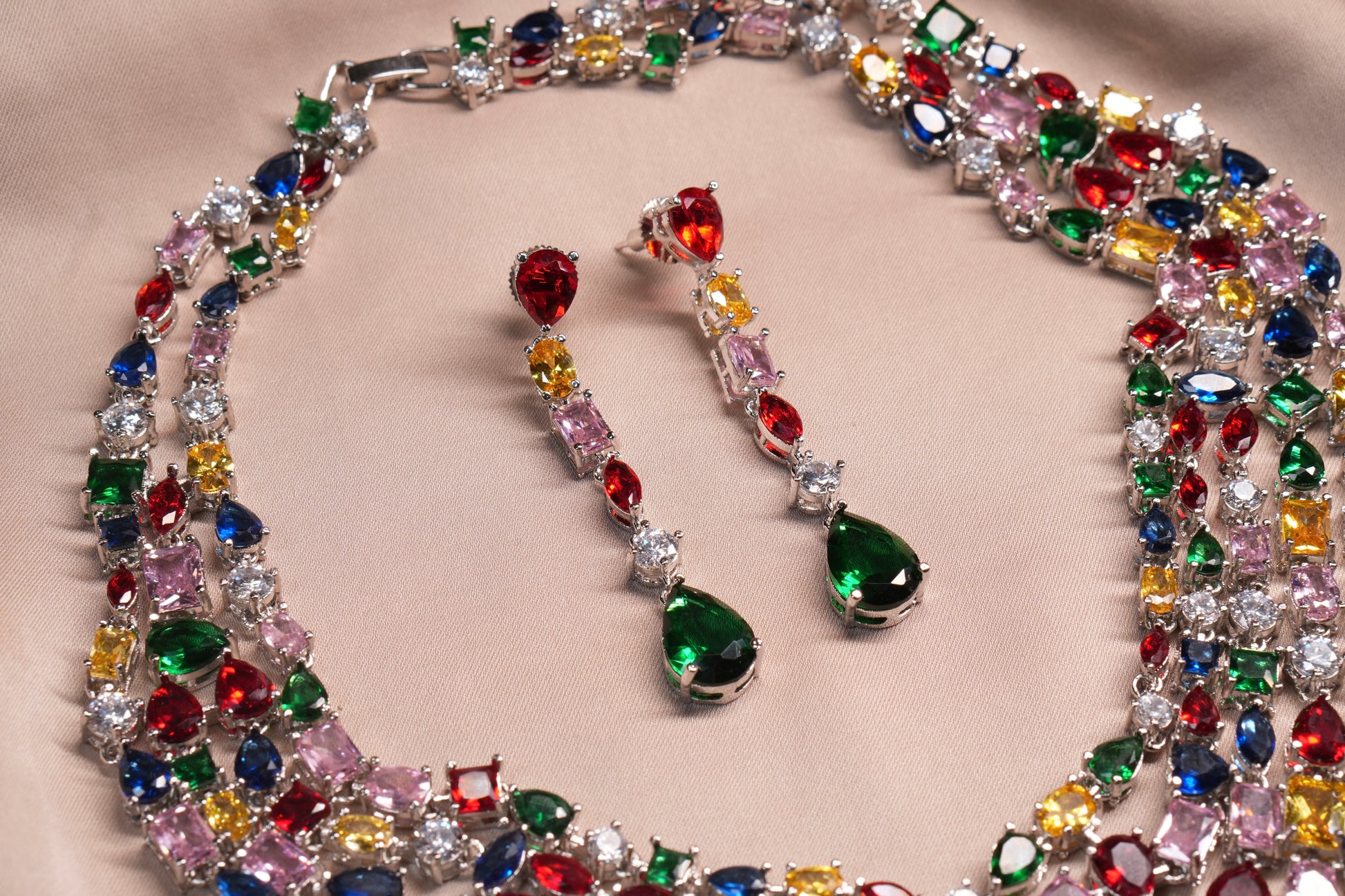 Multi Stone AD Necklace Set  (4-9096)(B) - JEWELSTYLE