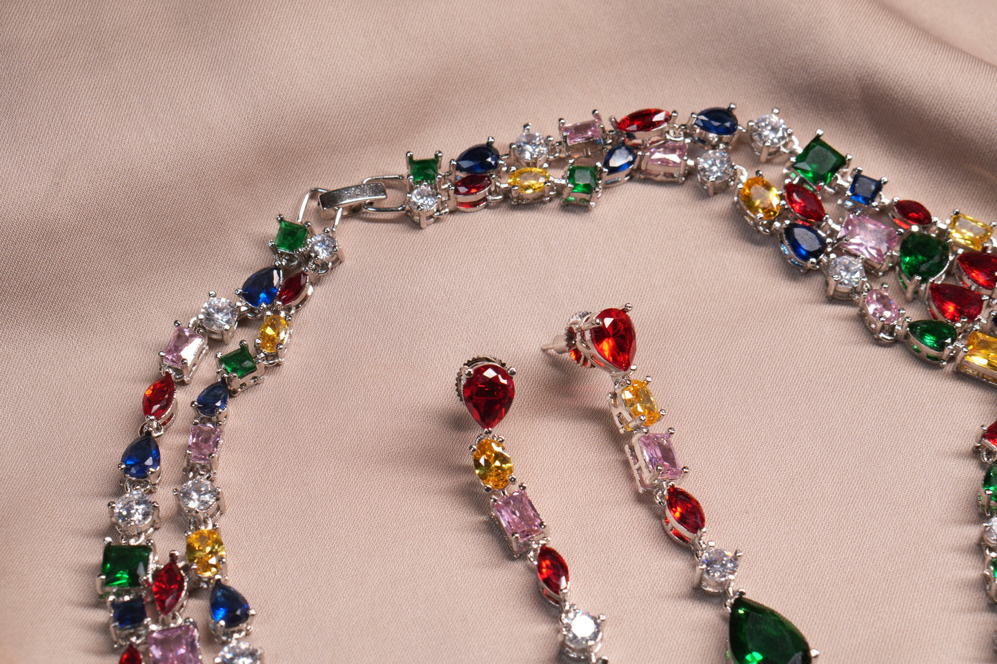 Multi Stone AD Necklace Set  (4-9096)(B) - JEWELSTYLE