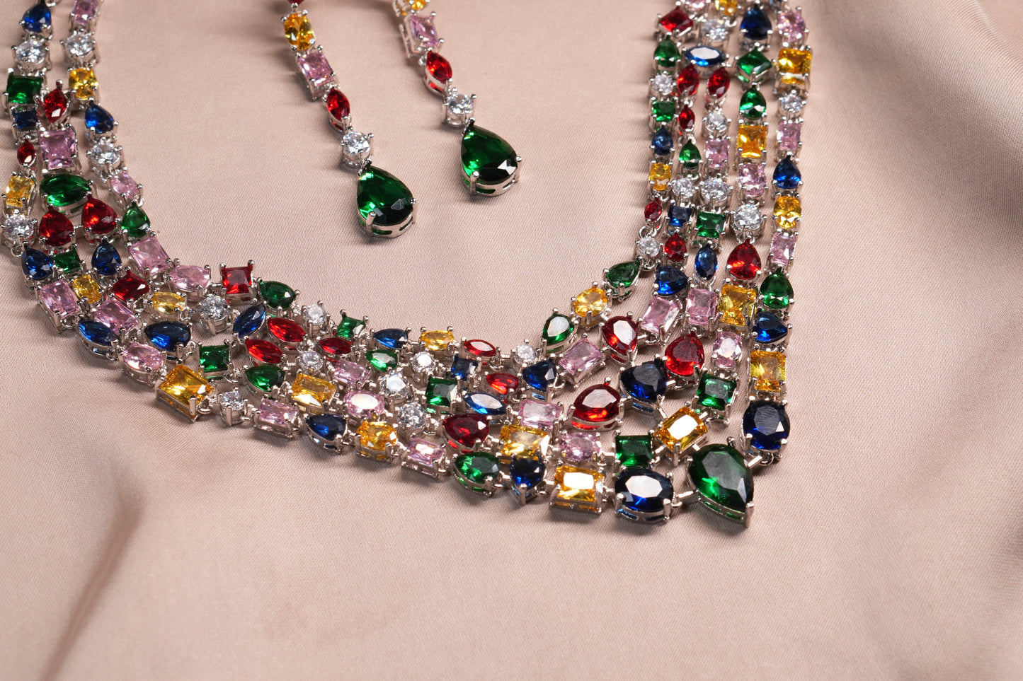 Multi Stone AD Necklace Set  (4-9096)(B) - JEWELSTYLE
