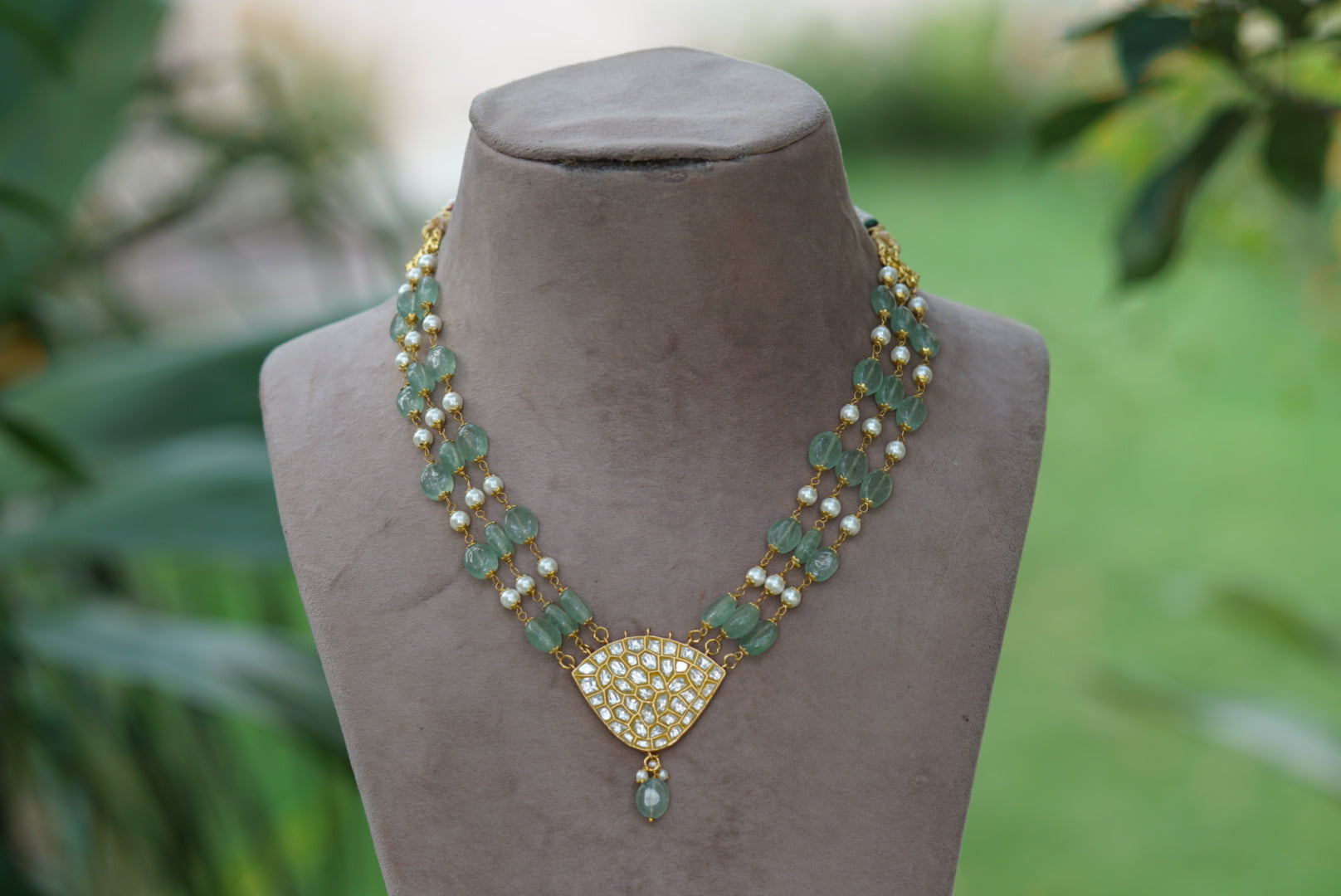 Kundan fluorite beads pendant necklace (4-5481)(R)(PREORDER) - JEWELSTYLE