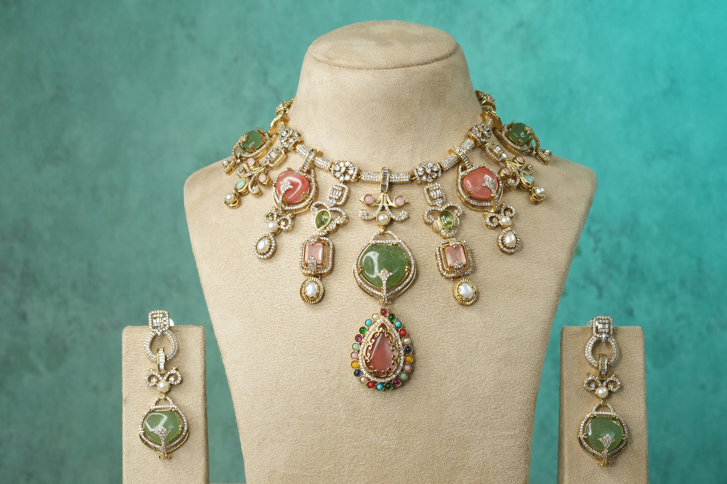 Multi Stone Polki Necklace Set (4-9139)(B) - JEWELSTYLE