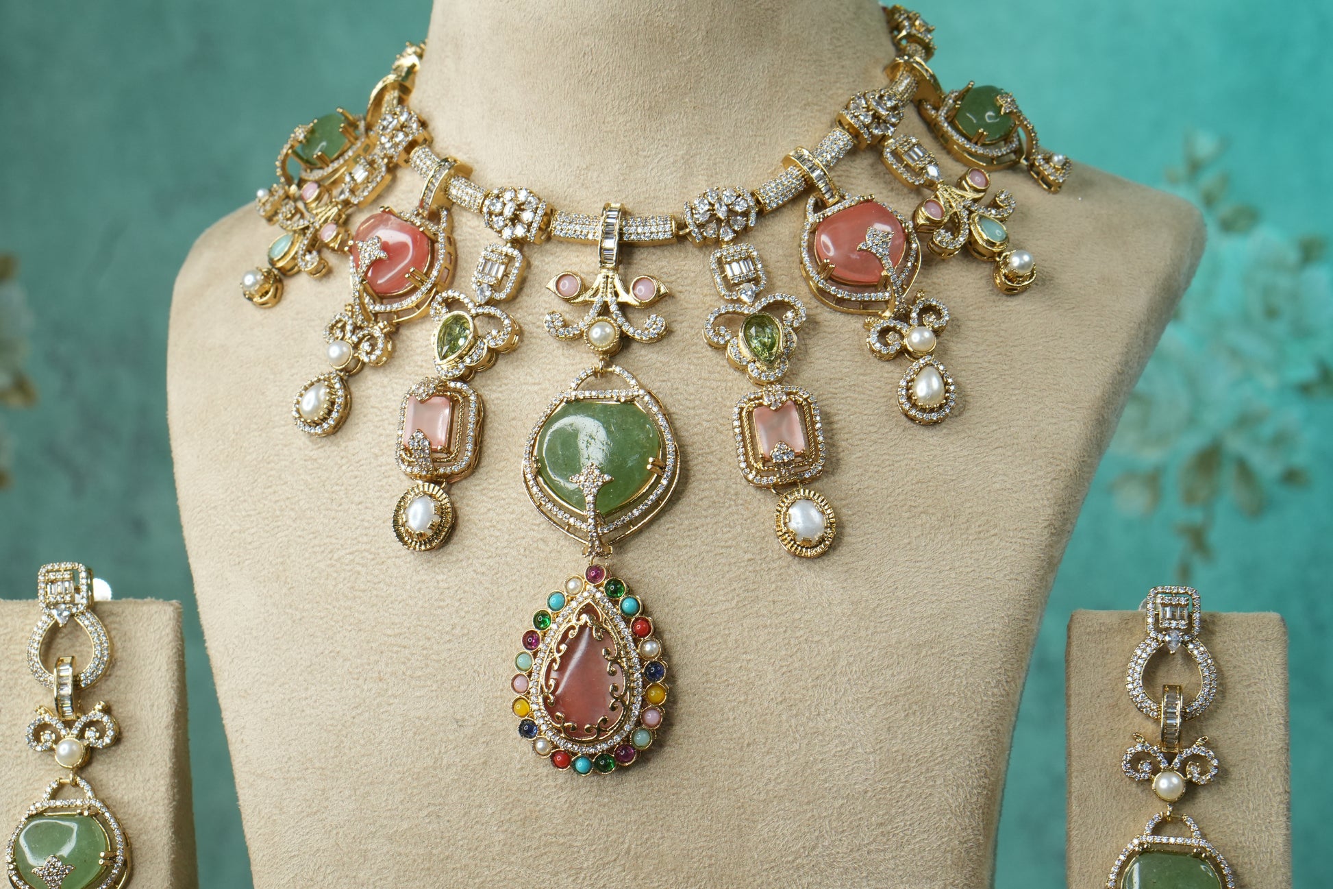 Multi Stone Polki Necklace Set (4-9139)(B) - JEWELSTYLE