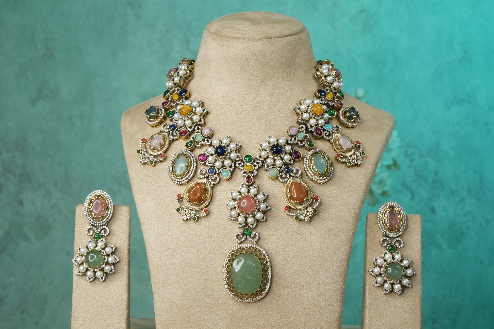 Multi Stone Polki Necklace Set (4-9140)(B) - JEWELSTYLE