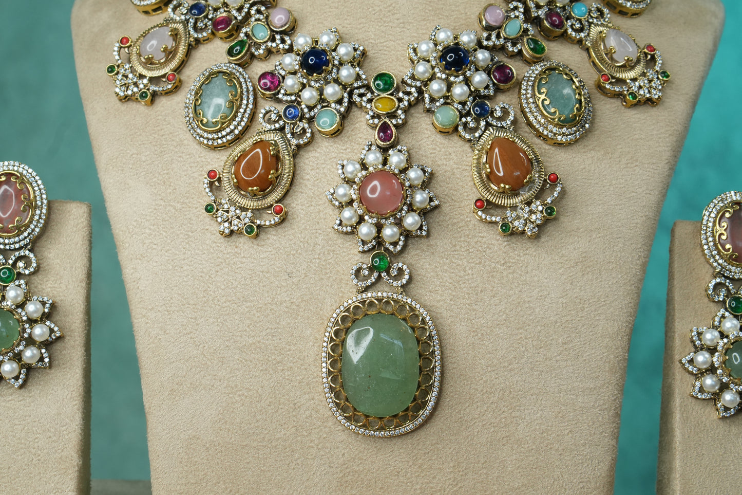 Multi Stone Polki Necklace Set (4-9140)(B) - JEWELSTYLE