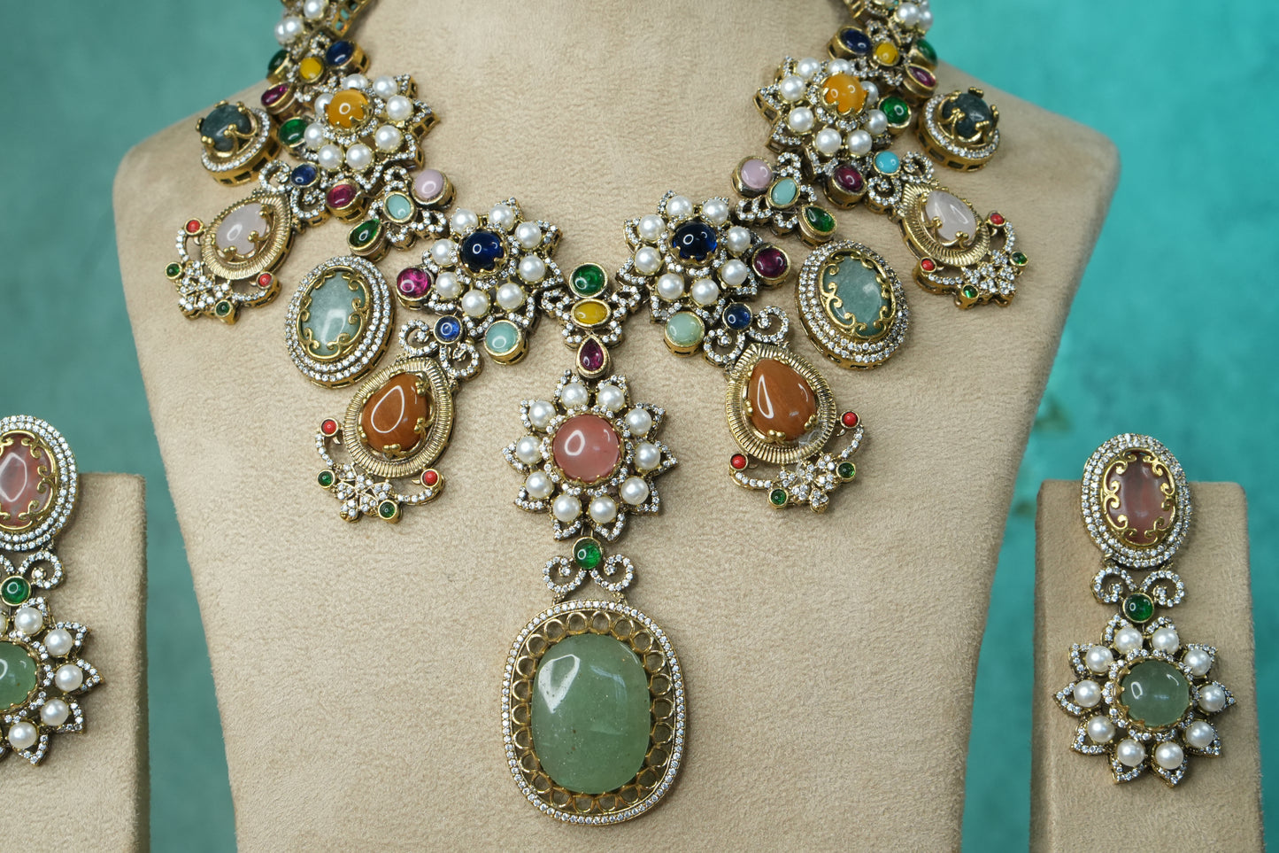 Multi Stone Polki Necklace Set (4-9140)(B) - JEWELSTYLE