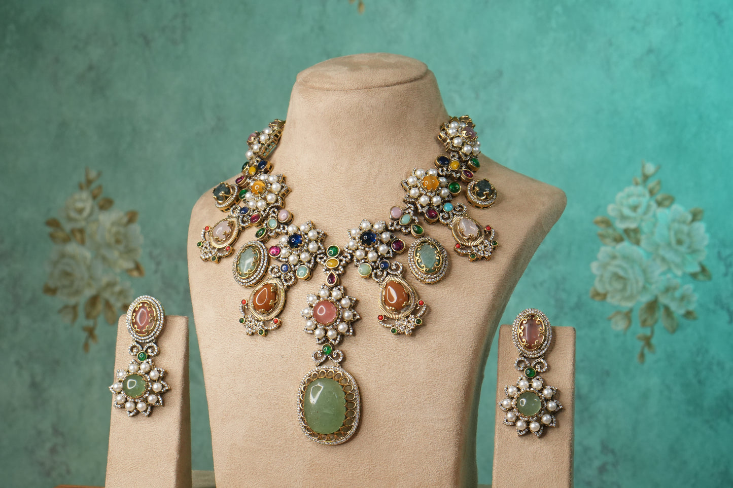 Multi Stone Polki Necklace Set (4-9140)(B) - JEWELSTYLE