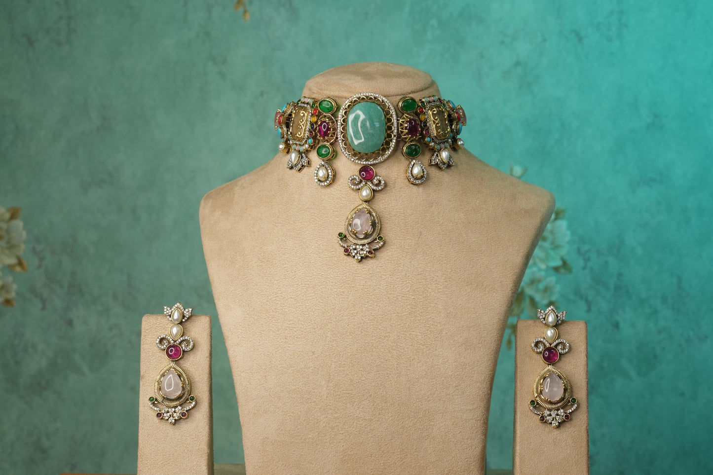 Multi Stone Polki Choker Set (4-9142)(B) - JEWELSTYLE