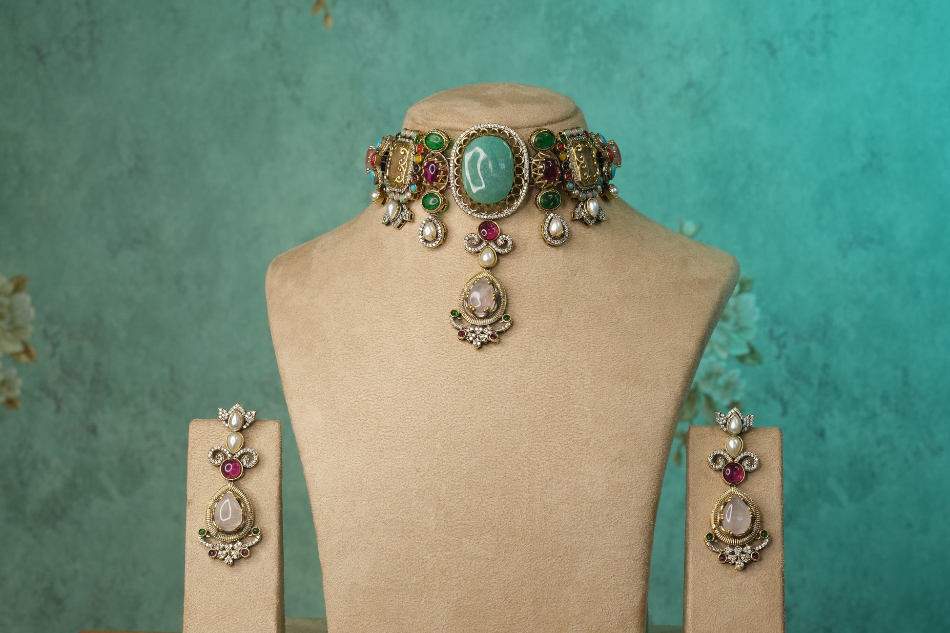 Multi Stone Polki Choker Set (4-9142)(B) - JEWELSTYLE