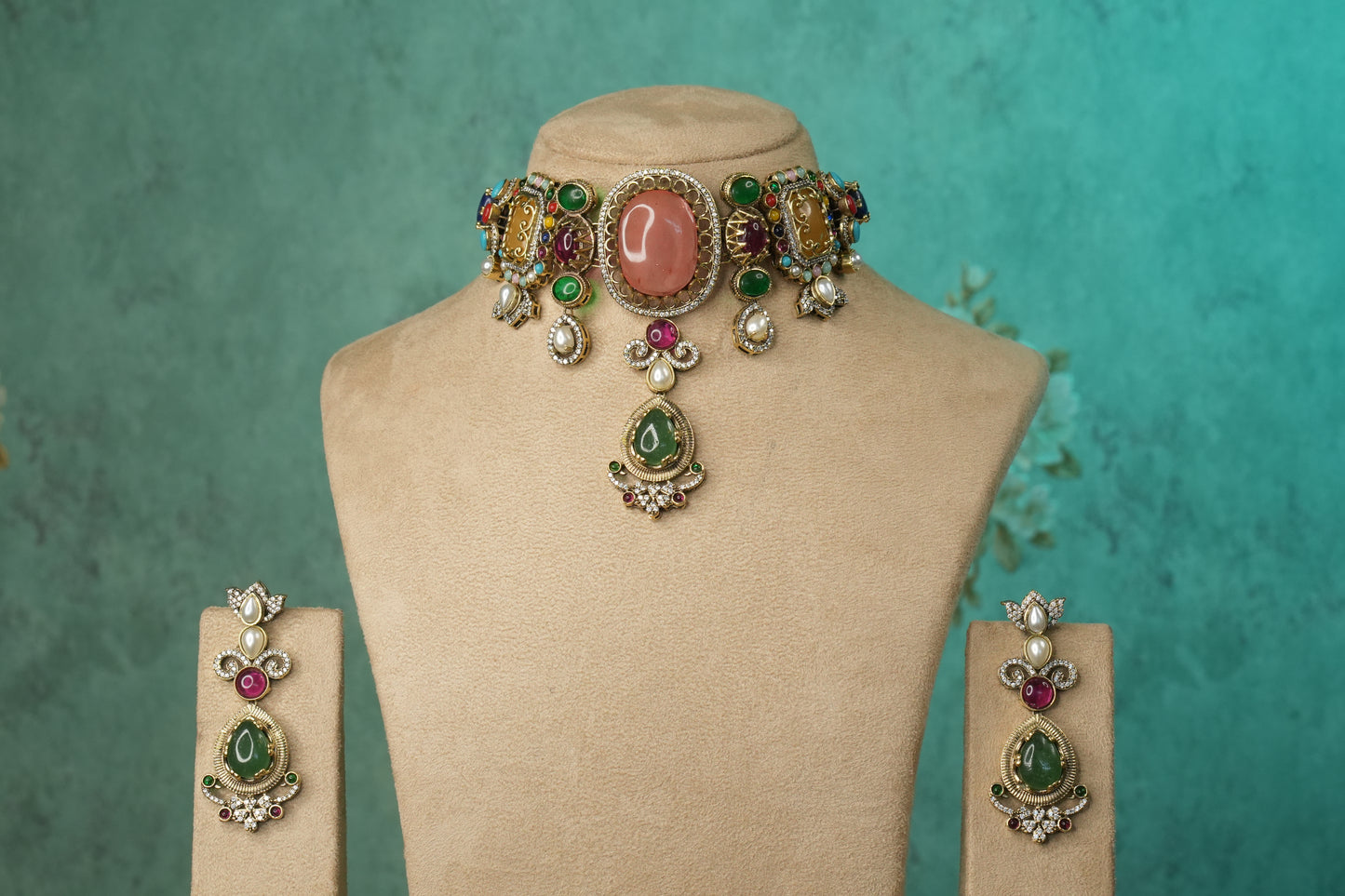 Multi Stone Polki Choker Set (4-9143)(B) - JEWELSTYLE