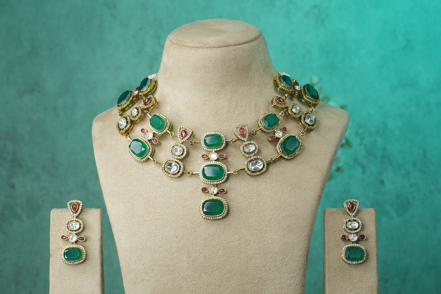 Green Stone Polki Necklace Set (4-9144)(B) - JEWELSTYLE