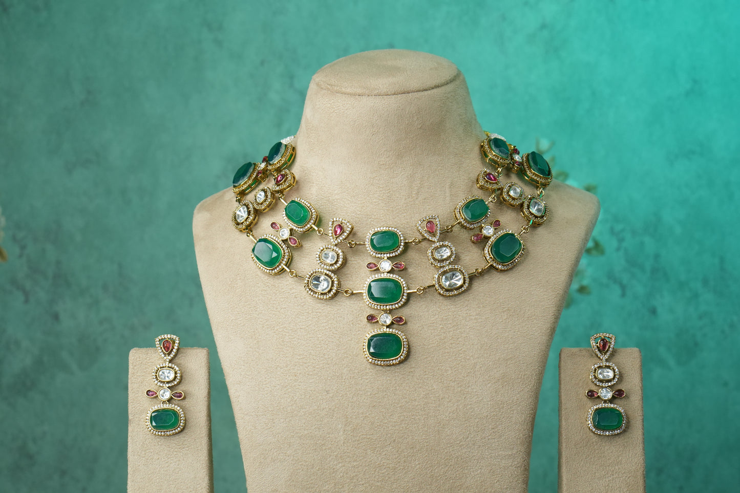 Green Stone Polki Necklace Set (4-9144)(B) - JEWELSTYLE