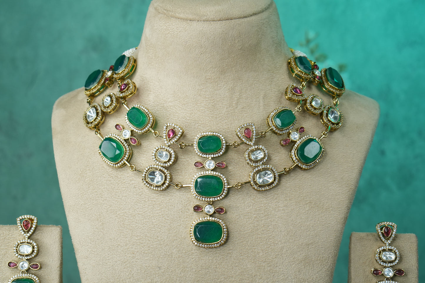 Green Stone Polki Necklace Set (4-9144)(B) - JEWELSTYLE