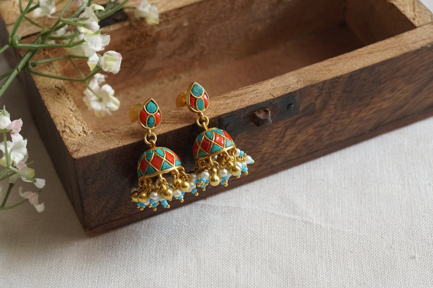 Turquoise Or Coral Kundan Jhumki (1-5261)(R)